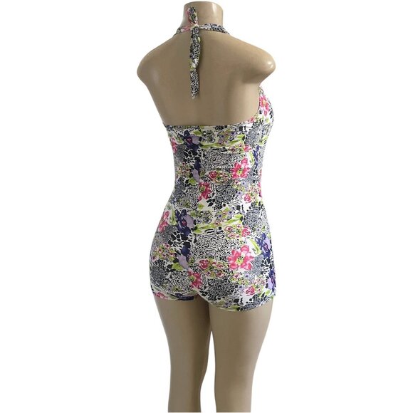 Floral Twist Front Halter Swimsuit Romper | Stretch Nylon Spandex Unique Print L - Picture 3 of 7